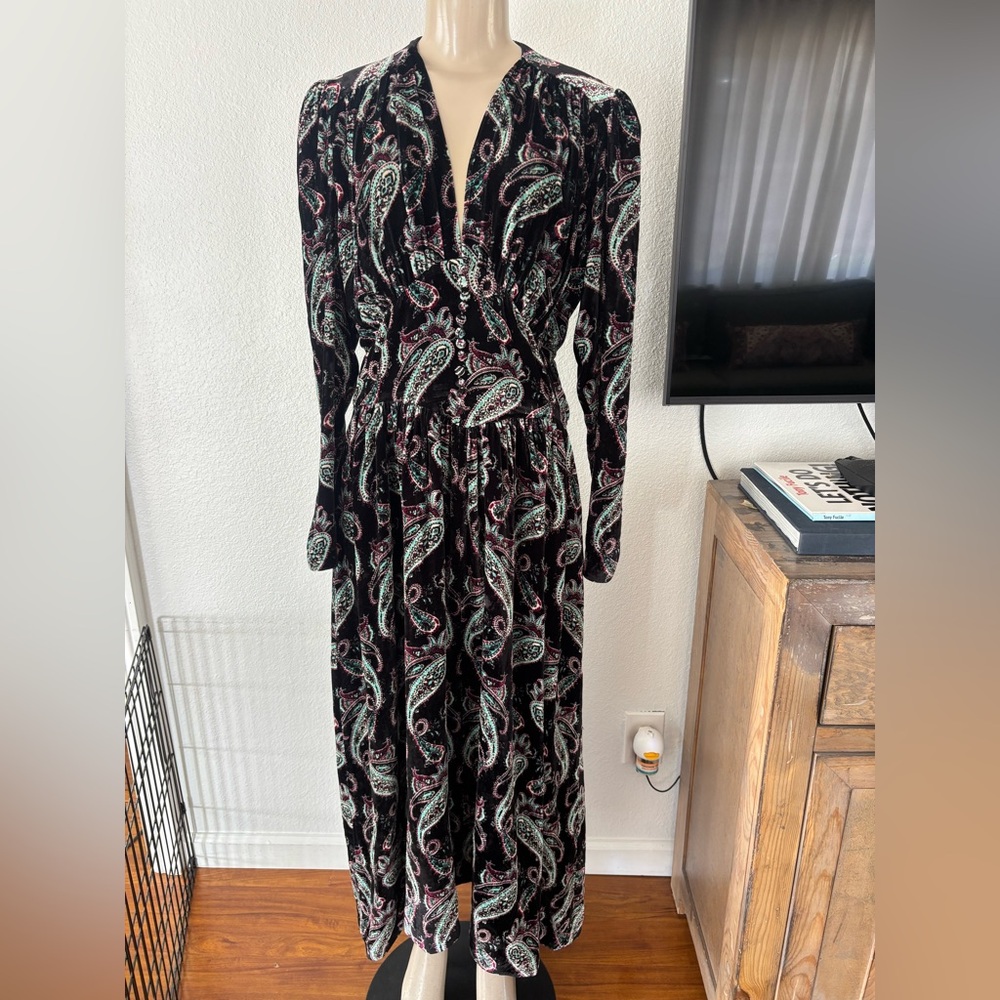 Isabel Marant Black Paisley Maxi Dress with Teal and Burgundy Accents